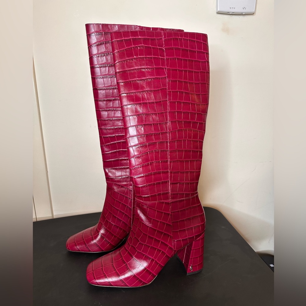 Sam Edelman Red Croc-Embossed Leather Women’s Knee-High Boots, Size 11